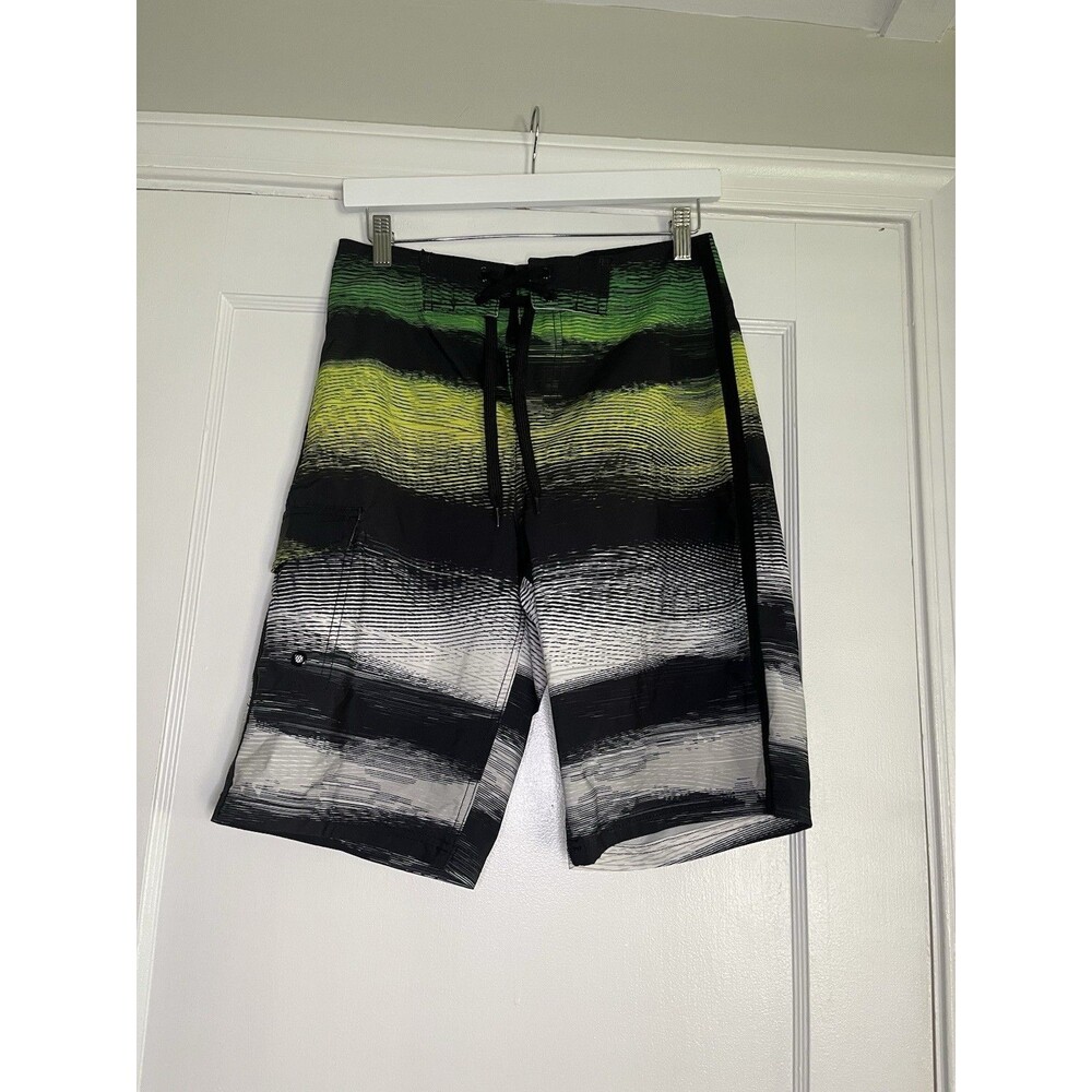 Mossimo Supply Co Board Shorts Striped Black Green Yellow Men's Size 30 Pockets
